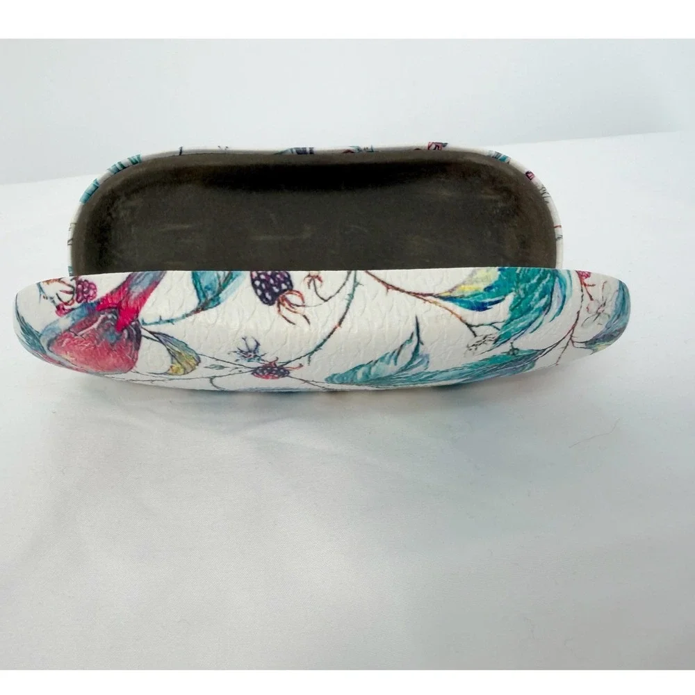 Floral Bird Print Hard Shell Eyeglass Case White Botanical Berry Chic 103-125